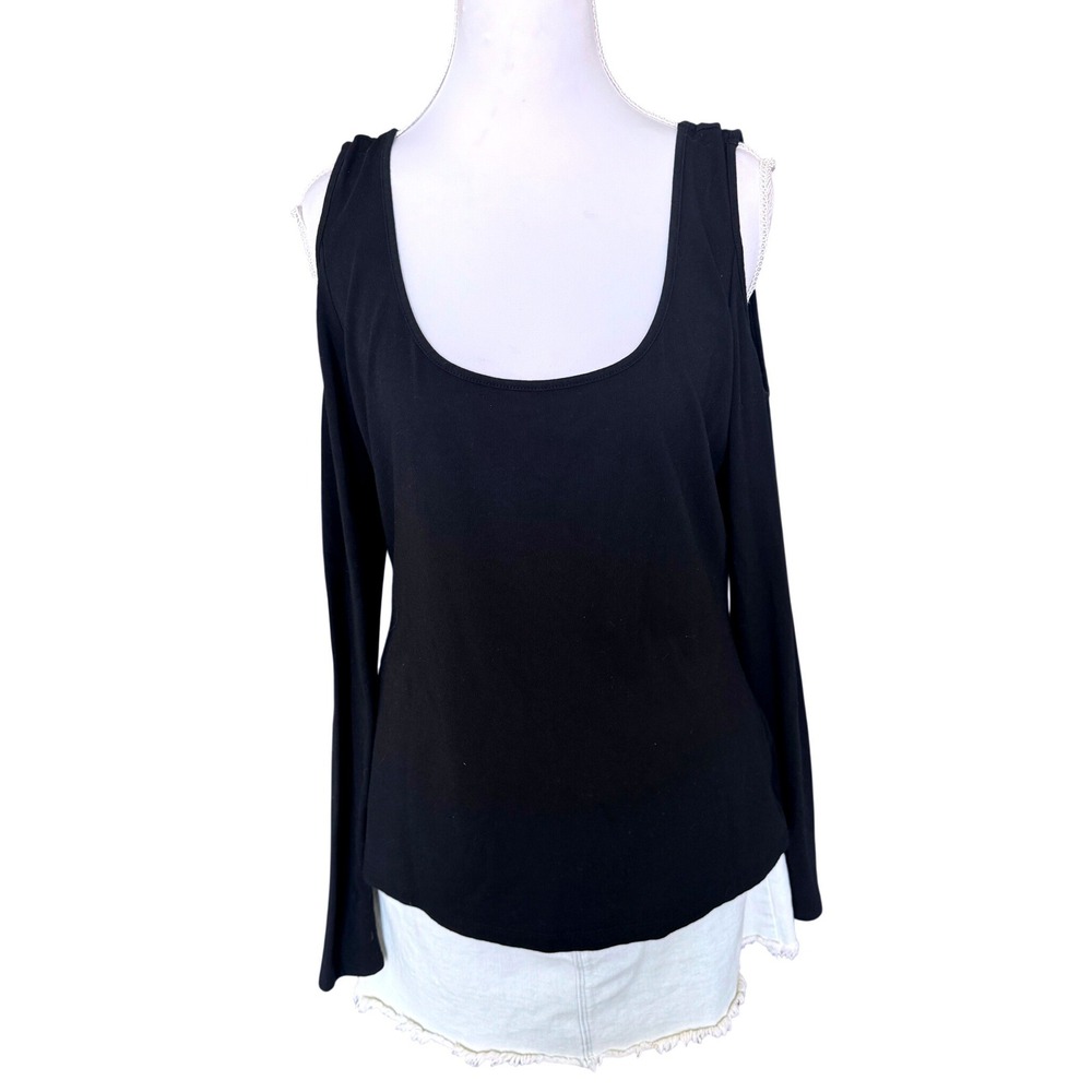 Guess Cold Shoulder Long Sleeve Top Black Scoop Neck Edgy Minimalist XL